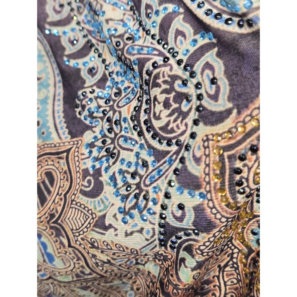 Vtg OS Cover Rhinestone Cardigan Boho Indie Western Openfront Paysley Kimono - Picture 11 of 13